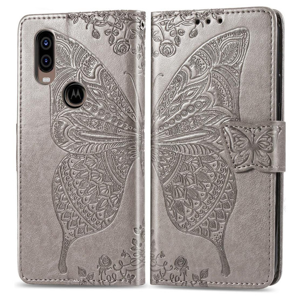 Butterfly Love Flowers Embossing Horizontal Flip Leatherette Case - Motorola P40 with Holder & Card Slots & Wallet & Lanyard(Grat)