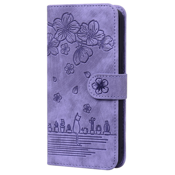 Cartoon Sakura Cat Embossed Leatherette Case - iPhone SE 2022 / SE 2020 / 7 / 8(Purple)