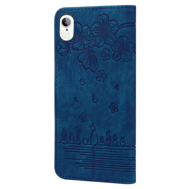 Cartoon Sakura Cat Embossed Leatherette Case - iPhone XR(Royal Blue)