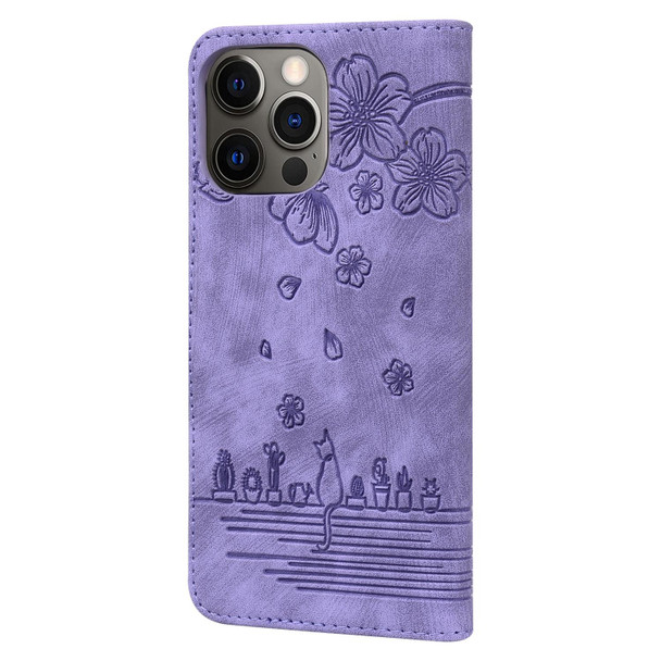 Cartoon Sakura Cat Embossed Leatherette Case - iPhone 13 Pro(Purple)