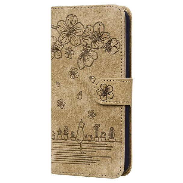 Cartoon Sakura Cat Embossed Leatherette Case - iPhone 13 mini(Brown)