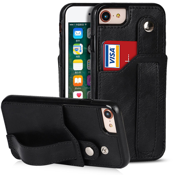 Crazy Horse Texture Shockproof TPU + PU Leatherette Case with Card Slot & Wrist Strap Holder -  iPhone SE 2022 / SE 2020 / 7 / 8(Black)