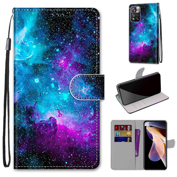 Xiaomi Redmi Note 11 Pro / 11 Pro+ Coloured Drawing Cross Texture Horizontal Flip PU Phone Leather Case with Holder & Card Slots & Wallet & Lanyard(Colorful Layer(Purple Green Starry Sky)