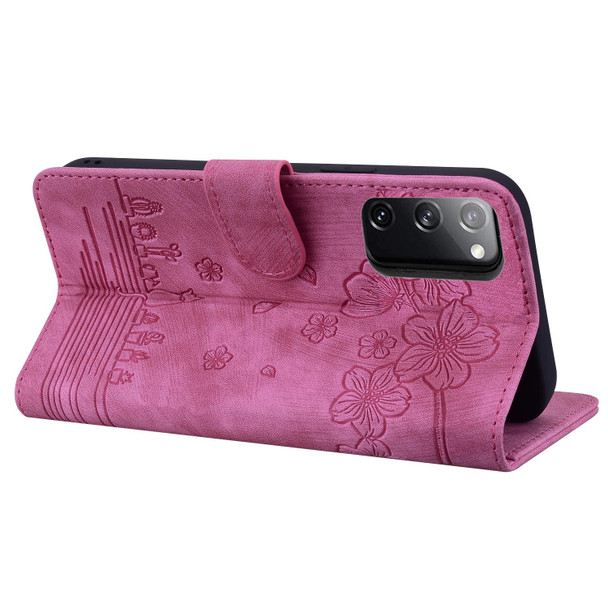 Samsung Galaxy S20 FE 5G / S20 FE Cartoon Sakura Cat Embossed Leather Phone Case(Rose Red)