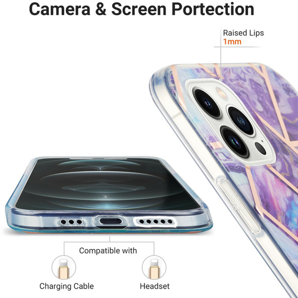 Electroplating Splicing Marble Flower Pattern Dual-side IMD TPU Shockproof Phone Case - iPhone 14 Pro(Dark Purple)