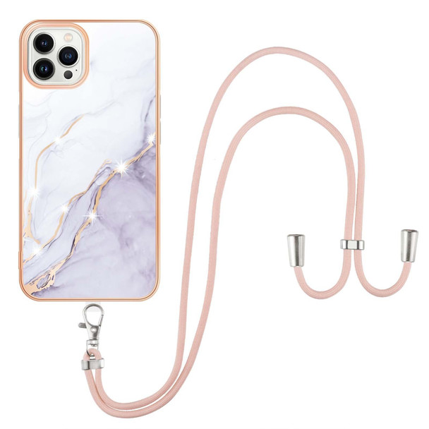 Electroplating Marble Pattern IMD TPU Shockproof Case with Neck Lanyard - iPhone 14 Pro Max(White 006)