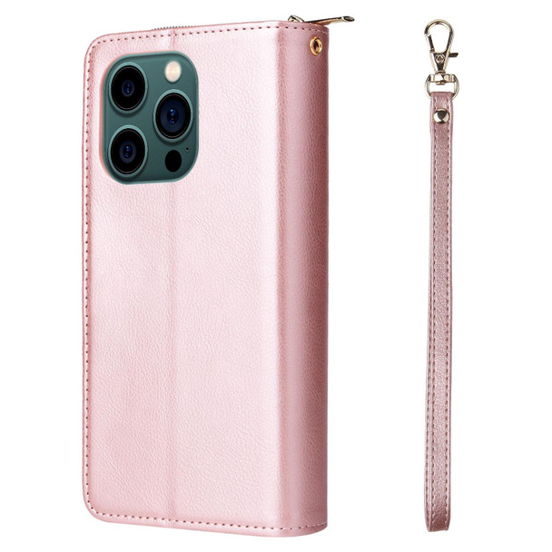 9 Card Slots Zipper Wallet Bag Leatherette Phone Case - iPhone 14 Pro Max(Rose Gold)