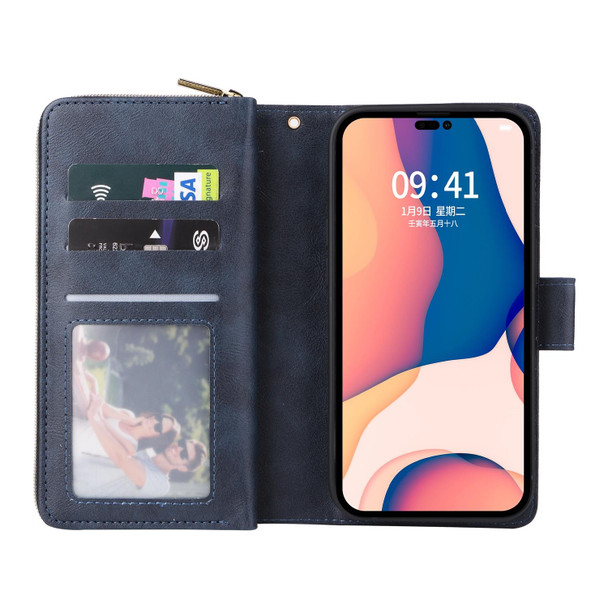 9 Card Slots Zipper Wallet Bag Leatherette Phone Case - iPhone 14 Pro(Blue)