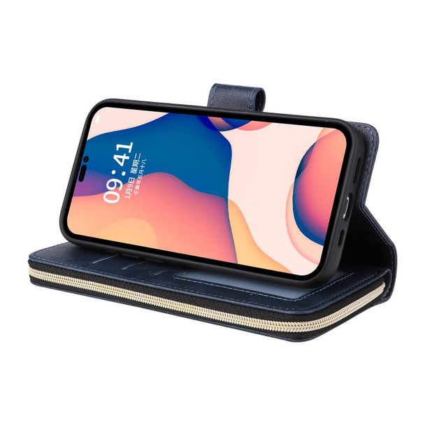 9 Card Slots Zipper Wallet Bag Leatherette Phone Case - iPhone 14 Pro(Blue)