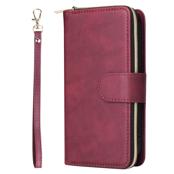 9 Card Slots Zipper Wallet Bag Leatherette Phone Case - iPhone 14 Max(Wine Red)