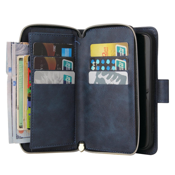 9 Card Slots Zipper Wallet Bag Leatherette Phone Case - iPhone 14(Blue)