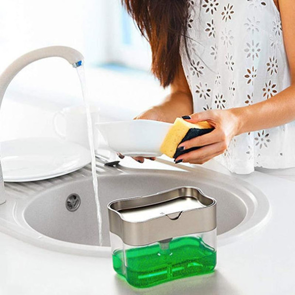 Kitchen Dishwasher Brush Press Liquid Soap Pump Box Soap Dispenser with Washing Sponge Detergent Automatic Cleaning Brush( Grey)