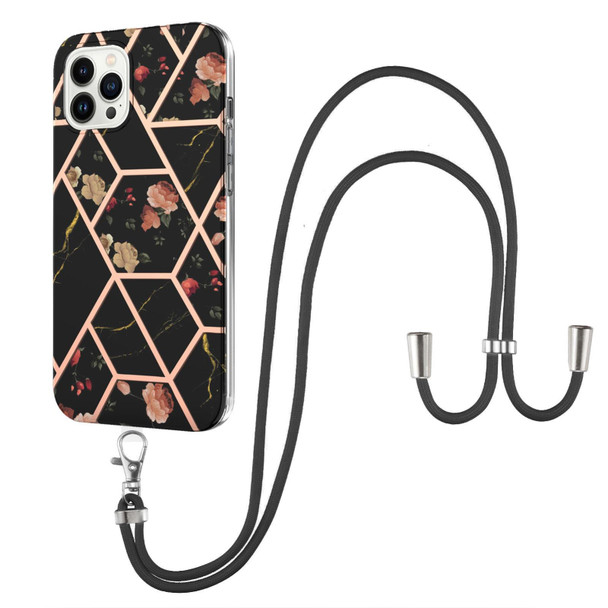 Electroplating Splicing Marble Flower Pattern TPU Shockproof Case with Lanyard - iPhone 14 Pro(Black Flower)