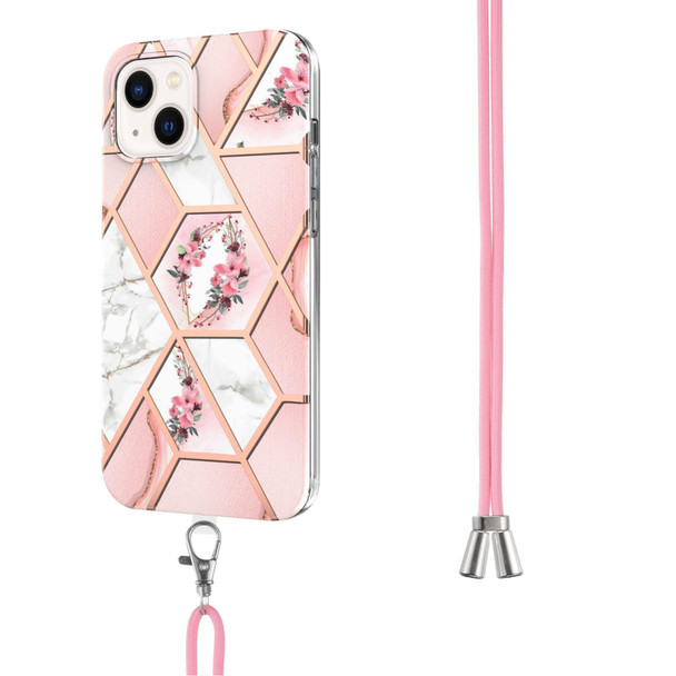 Electroplating Splicing Marble Flower Pattern TPU Shockproof Case with Lanyard - iPhone 14 Max(Pink Flower)