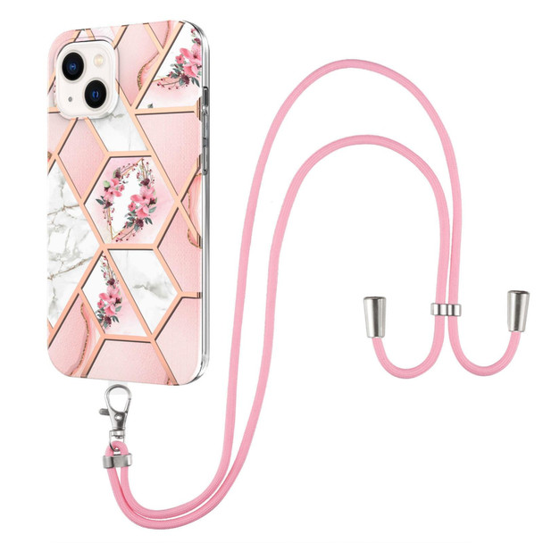 Electroplating Splicing Marble Flower Pattern TPU Shockproof Case with Lanyard - iPhone 14(Pink Flower)