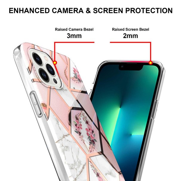Electroplating Splicing Marble Flower Pattern TPU Shockproof Case - iPhone 14 Pro Max(Pink Flower)