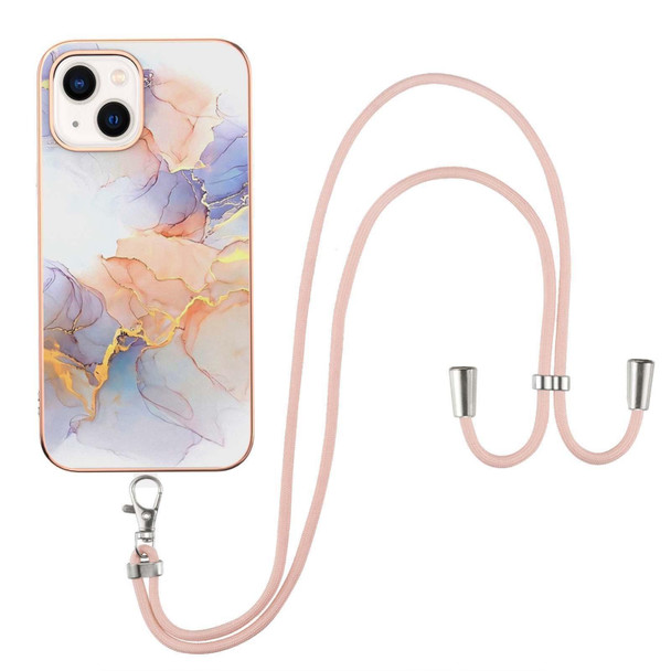Electroplating Pattern IMD TPU Shockproof Case with Neck Lanyard - iPhone 14 Max(Milky Way White Marble)