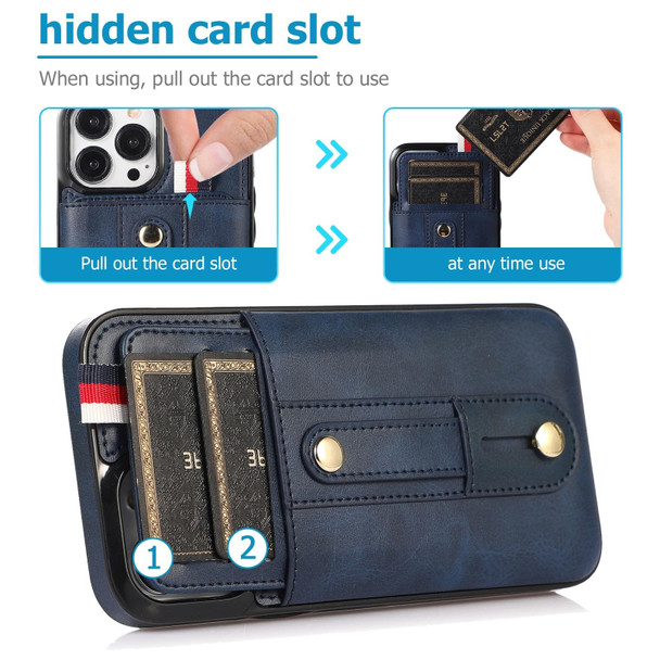 Wristband Kickstand Wallet Leather Phone Case - iPhone 14 Pro(Blue)