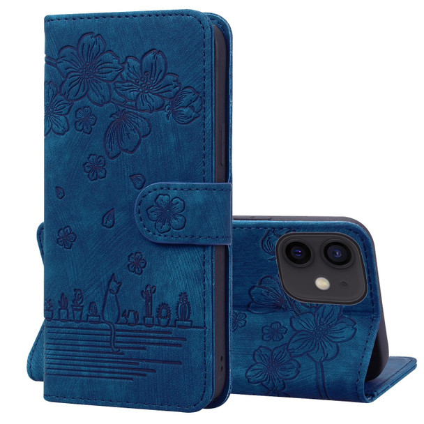 Cartoon Sakura Cat Embossed Leatherette Case - iPhone 11(Royal Blue)