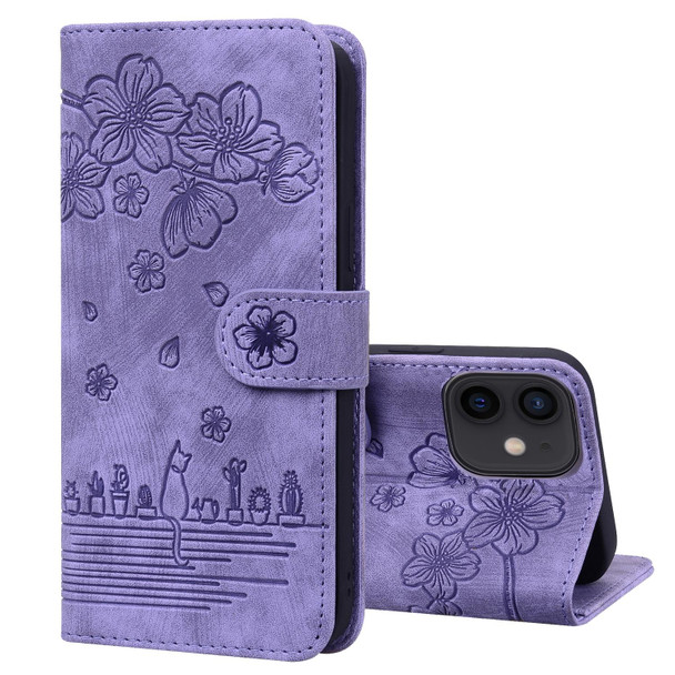 Cartoon Sakura Cat Embossed Leatherette Case - iPhone 12 mini(Purple)