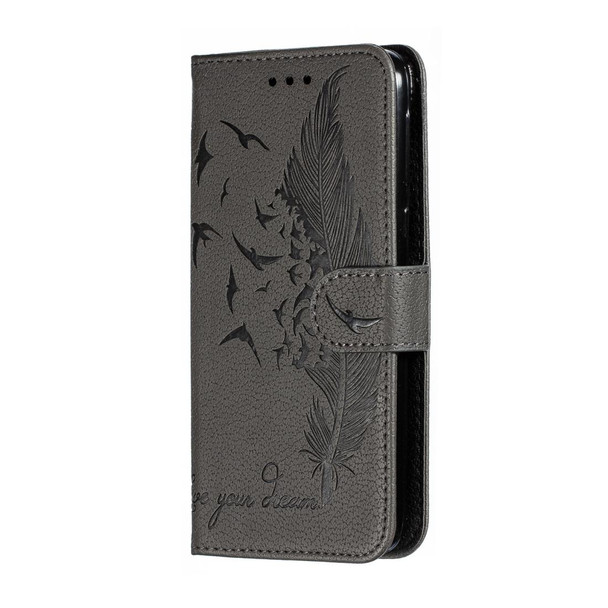 Feather Pattern Litchi Texture Horizontal Flip Leatherette Case with Wallet & Holder & Card Slots - Motorola Moto E6(Gray)