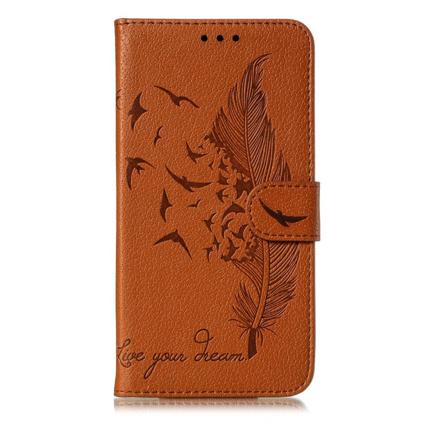 Feather Pattern Litchi Texture Horizontal Flip Leatherette Case with Wallet & Holder & Card Slots - Motorola One Pro(Brown)