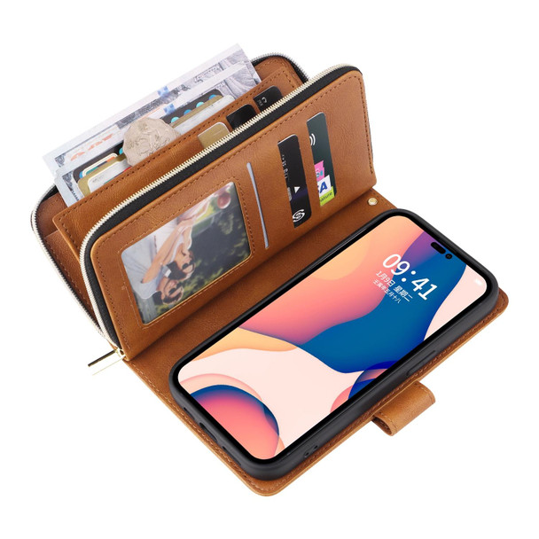 9 Card Slots Zipper Wallet Bag Leatherette Phone Case - iPhone 14 Pro Max(Brown)