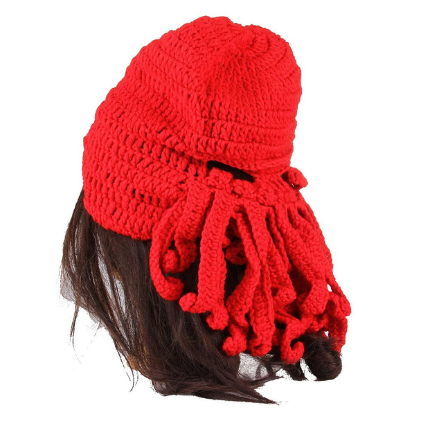 Amurleopard Unisex Barbarian Knit Beanie Octopus Tentacle Cap Winter Warm Face Mask Crochet Hat(Red)