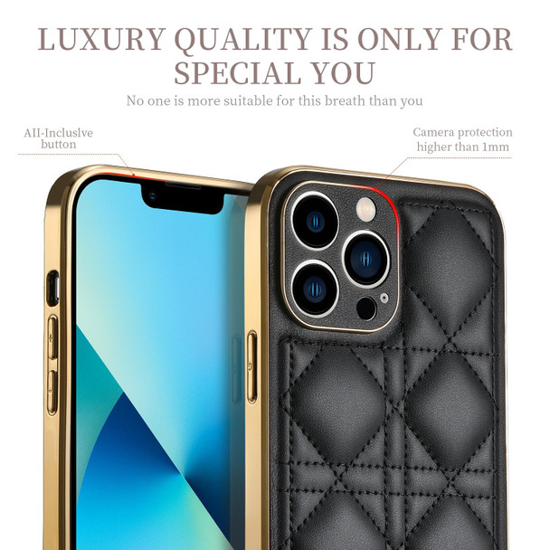 D03 Grid PU Leatherette Electroplated Phone Case - iPhone 13 Pro Max(Black)
