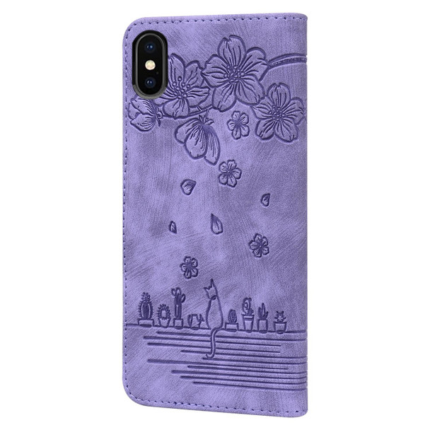 Cartoon Sakura Cat Embossed Leatherette Case - iPhone X / XS(Purple)