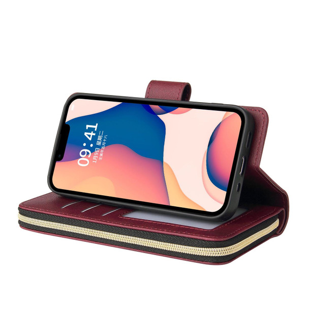 9 Card Slots Zipper Wallet Bag Leatherette Phone Case - iPhone 14(Wine Red)