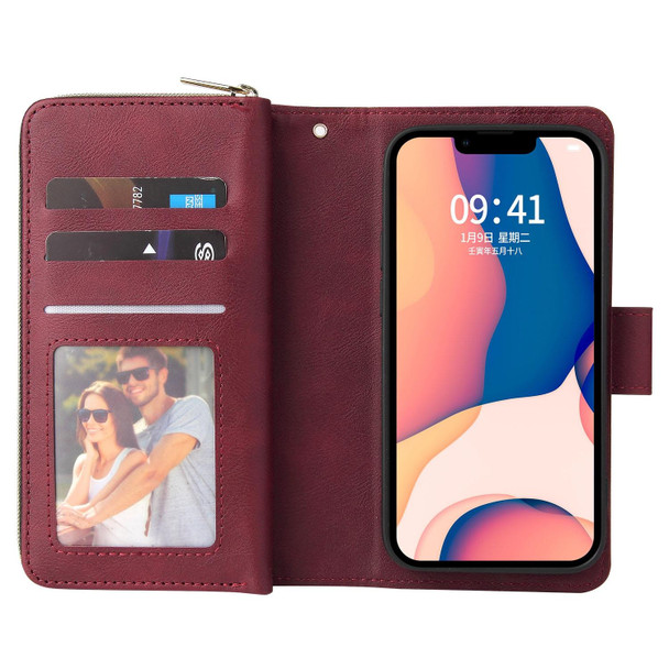 9 Card Slots Zipper Wallet Bag Leatherette Phone Case - iPhone 14(Wine Red)