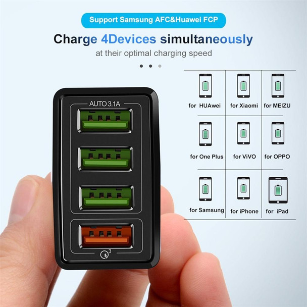 30W QC 3.0 USB + 3 USB 2.0 Ports Mobile Phone Tablet PC Universal Quick Charger Travel Charger, US Plug(Black)