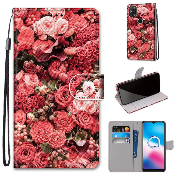 Alcatel 3X 2020 Coloured Drawing Cross Texture Horizontal Flip PU Leatherette Case with Holder & Card Slots & Wallet & Lanyard(Pink Rose Garden)