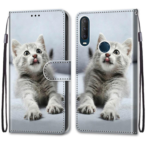 Alcatel 1SE 2020 Coloured Drawing Cross Texture Horizontal Flip PU Leatherette Case with Holder & Card Slots & Wallet & Lanyard(Small Gray Cat)