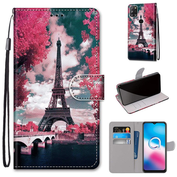 Alcatel 3X 2020 Coloured Drawing Cross Texture Horizontal Flip PU Leatherette Case with Holder & Card Slots & Wallet & Lanyard(Pink Flower Tower Bridge)