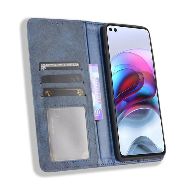 Motorola Moto Edge S Magnetic Buckle Retro Crazy Horse Texture Horizontal Flip Leather Case with Holder & Card Slots & Photo Frame(Blue)