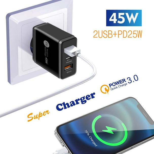 45W PD25W + 2 x QC3.0 USB Multi Port Charger with USB to Type-C Cable, UK Plug(Black)