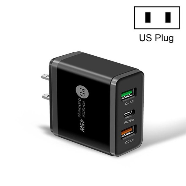 45W PD3.0 + 2 x QC3.0 USB Multi Port Quick Charger, US Plug(Black)