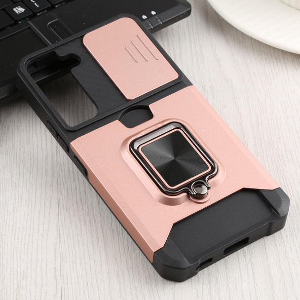Samsung Galaxy S22 5G Sliding Camera Cover Design PC + TPU Shockproof Phone Case with Ring Holder & Card Slot(Rose Gold)