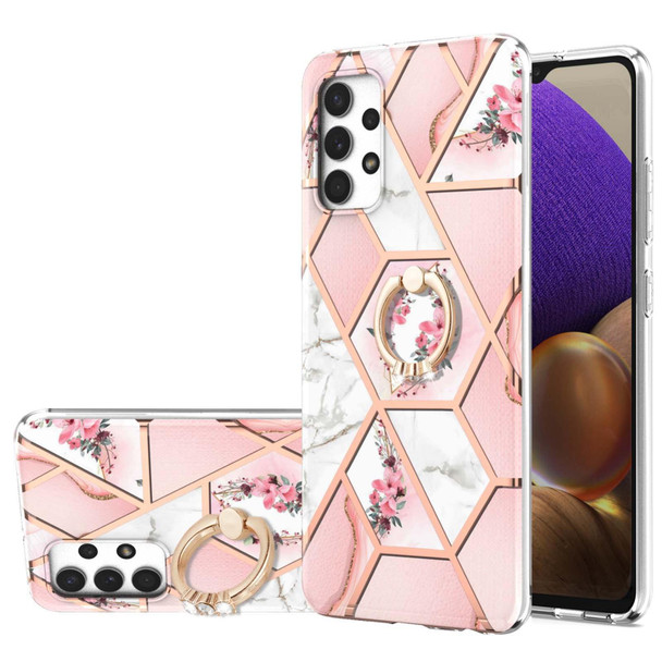 Samsung Galaxy A32 4G EU Version Electroplating Splicing Marble Flower Pattern TPU Shockproof Case with Rhinestone Ring Holder(Pink Flower)