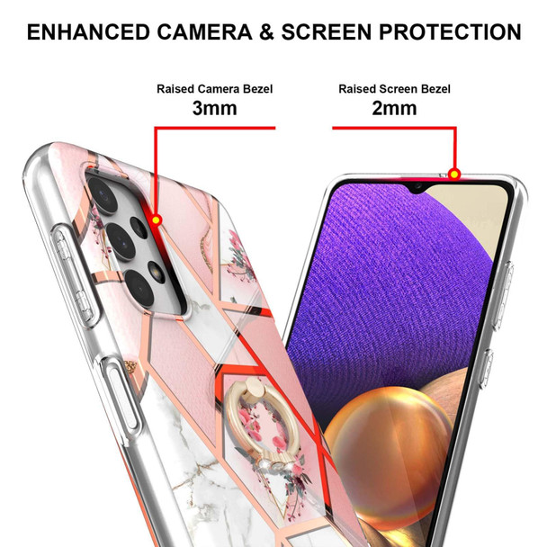 Samsung Galaxy A32 4G EU Version Electroplating Splicing Marble Flower Pattern TPU Shockproof Case with Rhinestone Ring Holder(Pink Flower)