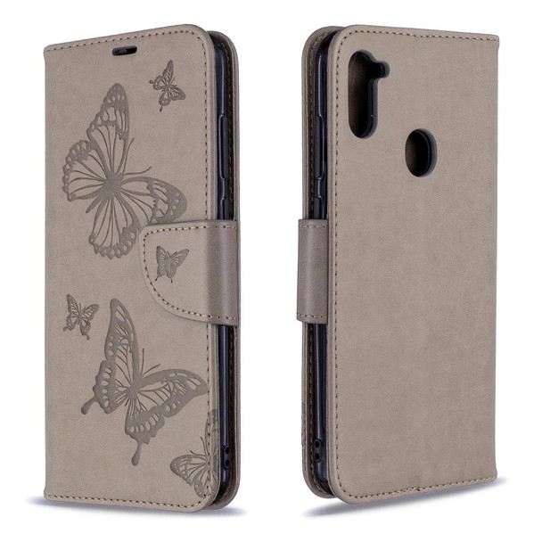 Galaxy A11 Two Butterflies Embossing Pattern Horizontal Flip Leather Case with Holder & Card Slot & Wallet & Lanyard(Grey)