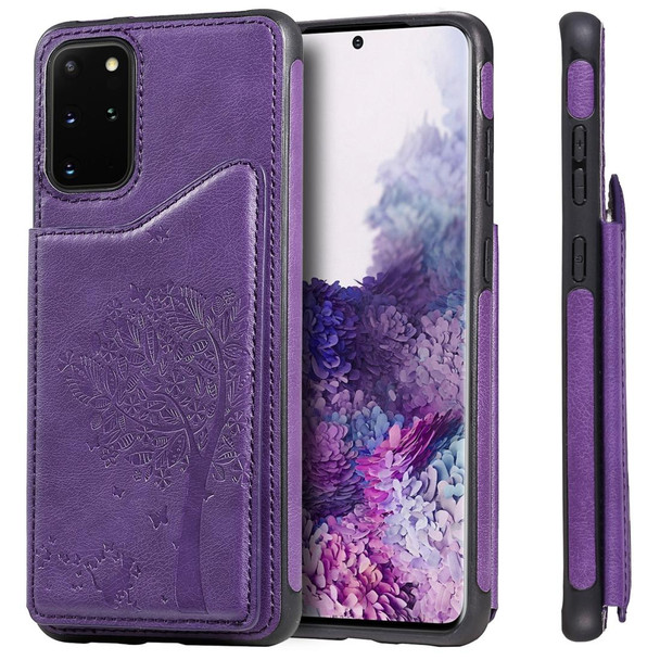 Galaxy S20 Plus Cat Tree Embossing Pattern Shockproof Protective Case with Card Slots & Photo Frame(Purple)