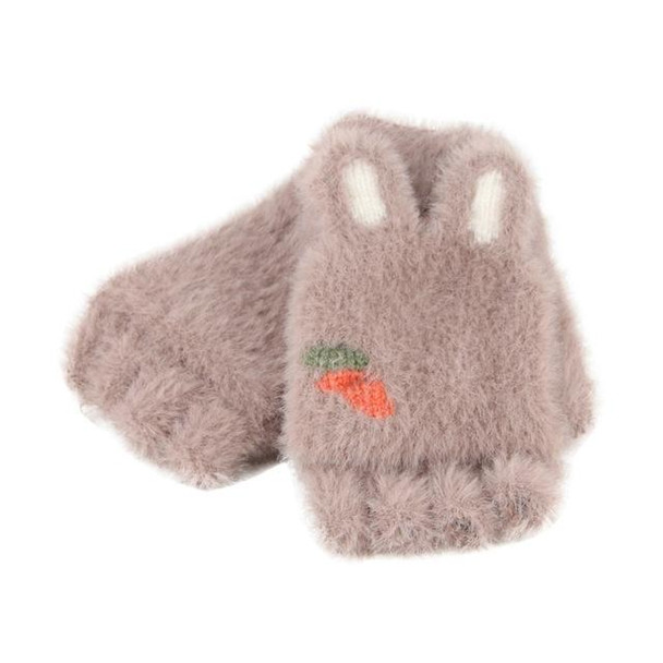 Children Half Finger Gloves Knitted Cold Warm Plus Velvet Fingerless Gloves(Coffee)