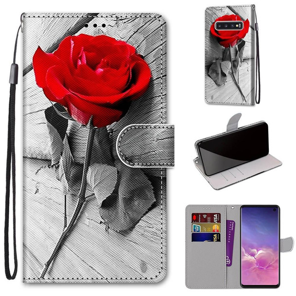 Samsung Galaxy S10 Coloured Drawing Cross Texture Horizontal Flip PU Leather Case with Holder & Card Slots & Wallet & Lanyard(Red Rose On Wooden)