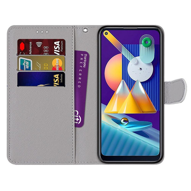Samsung Galaxy M11 & A11 Coloured Drawing Cross Texture Horizontal Flip PU Leather Case with Holder & Card Slots & Wallet & Lanyard(Middle Finger White Cat)