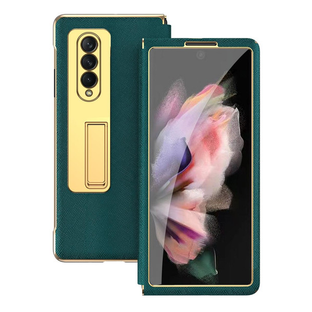 Samsung Galaxy Z Fold4 Cross Texture Integrated Electroplating Hinge Flip Phone Case with Tempered Film(Cyan)