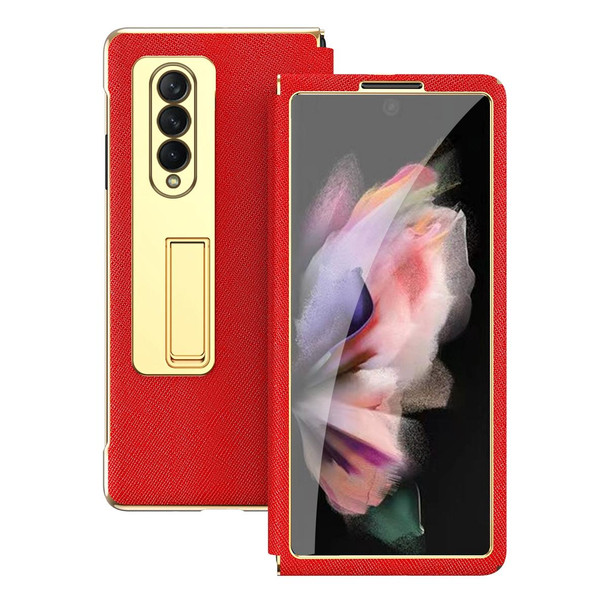 Samsung Galaxy Z Fold4 Cross Texture Integrated Electroplating Hinge Flip Phone Case with Tempered Film(Red)