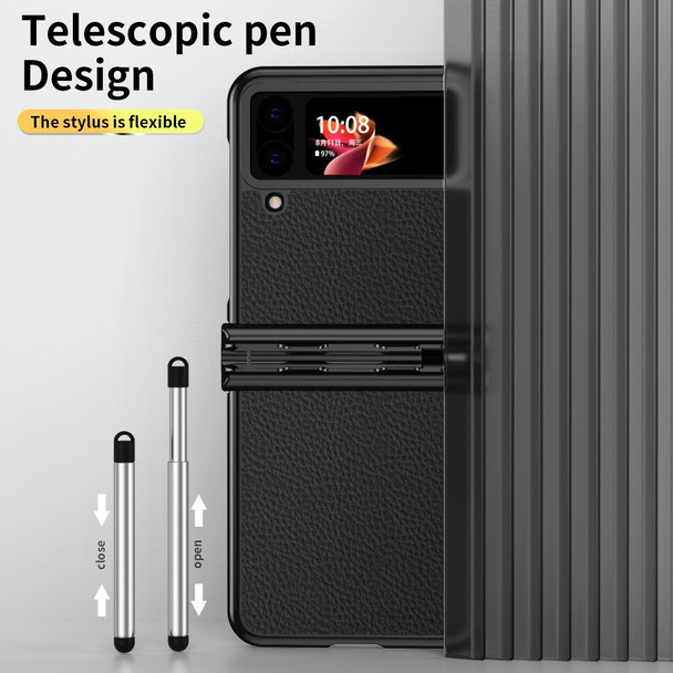 Samsung Galaxy Z Flip3 5G Litchi Texture Leather Hinged Electroplated Phone Case with Pen(Black)